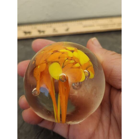 2 Hand‎ Blown Round Glass Paperweight with Yellow Orange Flowers Green Egg - Picture 7 of 13